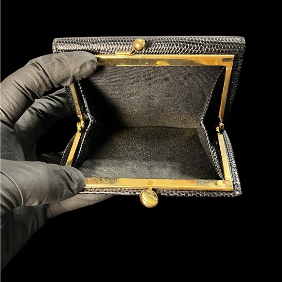 Ferragamo Dark Navy Lizard Print Kisslock Trifold Wallet W/Box & Dust Bag A208 - Picture 9 of 11